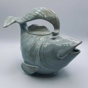 Blue Sky Ceramics, Diane, 2012, Koi Fish TeaPot, Light Green-Blue, Brushed Brown